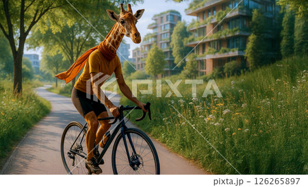 A giraffe rides on a bike path in a park inside a city block, a concept about inclusive eco spaces in an urban environment, a poster about the combination of nature and urban environment 126265897