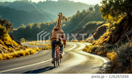anthropomorphic cyclist in warm jacket giraffe goes on daily ride on highway in hills in warm sunset rays, concept of fitness culture eco spaces in urban environment 126265898
