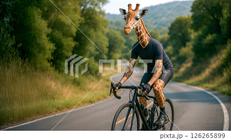 An anthropomorphic giraffe athlete cyclist riding on the highway, surreal concept combines the unity of wild nature and human reality, giraffe athlete on daily routine training 126265899