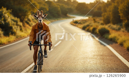daily training on a bike, anthropomorphic giraffe during a ride on a highway in the hills, conceptual poster for surreal sports design with a giraffe on a road bike 126265900