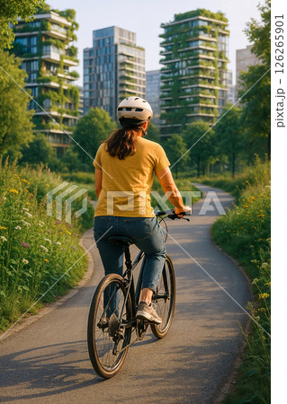 Vertical retro style poster with young woman on bicycle view from back, comfortable and accessible urban environment, ecology development concept sustainable inclusive social environment 126265901