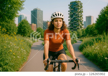 Young woman on a bicycle, comfortable and accessible urban environment, cyclist riding in the park, space for the concept of ecology and development and sustainable inclusive social environment 126265902