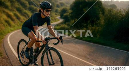 Poster with female cyclist training on the road in the hills early in the morning, copy space banner concept about advertising cycling and comfortable urban eco environment 126265903
