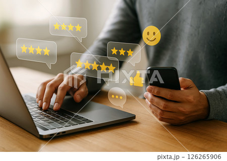 Customer evaluates service based on user experience, consumer gives stars and feedback on service quality, business reputation rating from buyer, online customer satisfaction survey service concept 126265906