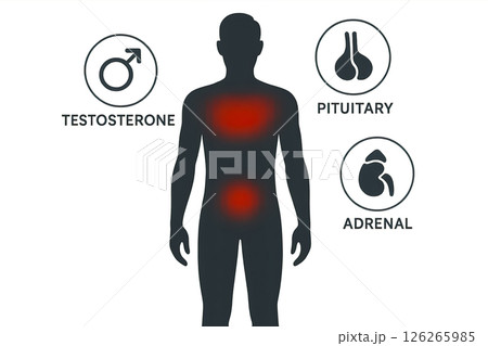Visualization hormonal balance interaction testosterone, pituitary and adrenal glands using silhouette red gradient, visualization increases relevance of medical education effective wellness issues 126265985