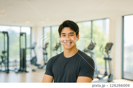 スポーツジムで微笑むイケメン 細マッチョの日本人男性の実写風イラスト 126266009