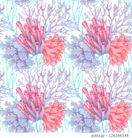 Marine seamless pattern with tubular, branched, lacy corals and seaweeds. Watercolor illustrations. Reef scene with flora and fauna elements. Hand drawn isolated art for fabric, textile, packaging Marine seamless pattern with tubular, branched, lacy corals and seaweeds. Watercolor illustrations. Reef scene with flora and fauna elements. Hand drawn isolated art for fabric, textile, packaging 126266146
