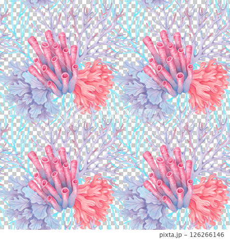 Marine seamless pattern with tubular, branched, lacy corals and seaweeds. Watercolor illustrations. Reef scene with flora and fauna elements. Hand drawn isolated art for fabric, textile, packaging Marine seamless pattern with tubular, branched, lacy corals and seaweeds. Watercolor illustrations. Reef scene with flora and fauna elements. Hand drawn isolated art for fabric, textile, packaging 126266146