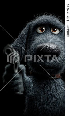 In this striking and surreal composition, a dog takes center stage, aiming a gun directly at the viewer against a pitch-black background. Generative AI 126267055