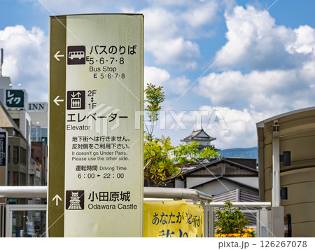 小田原駅東口ペデストリアンデッキにある案内板と小田原城 小田原駅東口ペデストリアンデッキにある案内板と小田原城 126267078
