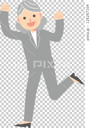 A woman in a suit jumping with a smile A woman in a suit jumping with a smile 126267104