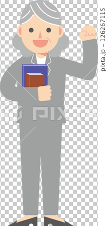 A woman in a suit doing a fist pump and holding a textbook 126267115