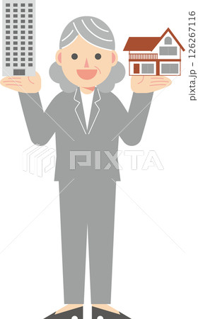 マンションと一戸建てを掲げるスーツ女性 126267116