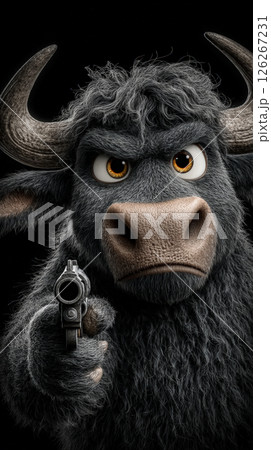 In this striking and surreal composition, a Buffalo takes center stage, aiming a gun directly at the viewer against a pitch-black background. Generative AI In this striking and surreal composition, a Buffalo takes center stage, aiming a gun directly at the viewer against a pitch-black background. Generative AI 126267231