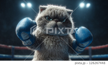 In this ultra realistic cinematic scene, a colossal munchkin cat towering with the stature of a muscular pitbull takes center stage in a professional boxing ring. Generative AI 126267448