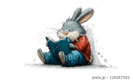 A whimsically illustrated grey bunny, dressed in a bright red T-shirt and blue pants, sits joyfully on the floor with an open book. Generative AI 126267581