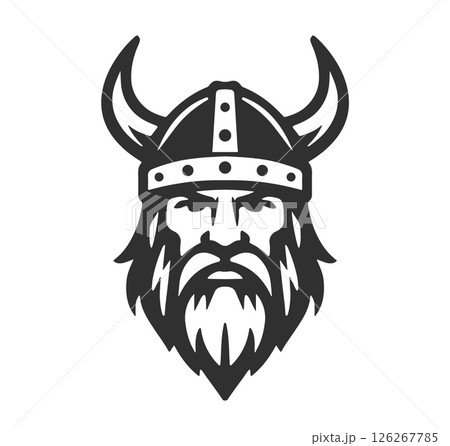 Nordic viking logo. Norse warrior icon sign template. Horned barbarian helmet symbol. Norseman Odin emblem. Vector illustration image. Isolated on white background. 126267785