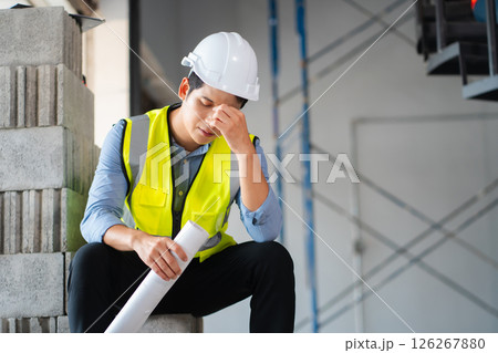 Concept of business failure and unemployment problem, unemployment stress Engineer sitting on stairs. 126267880