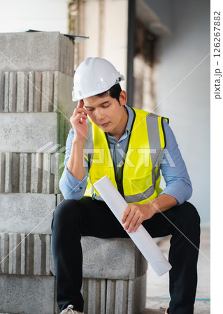 Concept of business failure and unemployment problem, unemployment stress Engineer sitting on stairs. 126267882