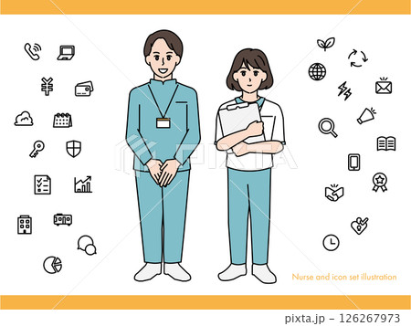 介護士の男性女性のイラスト素材セットA（全身・バストアップ 感情豊かな表情＆ポーズ） 126267973