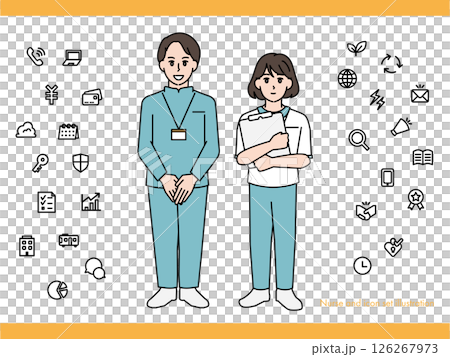 男性和女性護理人員插圖素材集A（全身、半身、富有表現力的表情和姿勢） 126267973