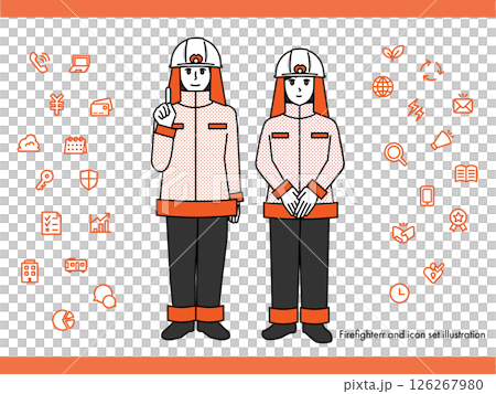 Firefighter male and female illustration material set A (full body, bust up, expressive expressions and poses) Firefighter male and female illustration material set A (full body, bust up, expressive expressions and poses) 126267980