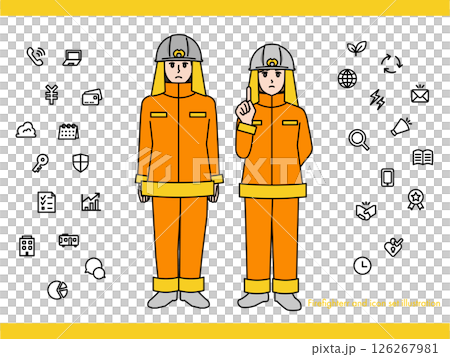 Firefighter male and female illustration material set B (full body, bust up, expressive expressions and poses) 126267981