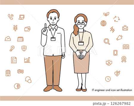 ITエンジニアの男性女性のイラスト素材セットB（全身・バストアップ 感情豊かな表情＆ポーズ） 126267982