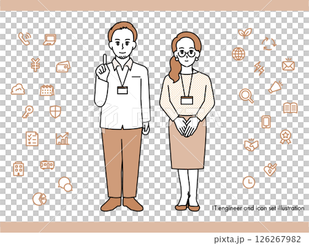 ITエンジニアの男性女性のイラスト素材セットB（全身・バストアップ 感情豊かな表情＆ポーズ） 126267982