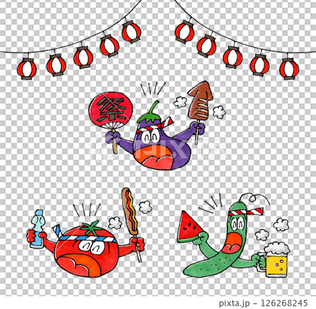 夏日祭典和夏季蔬菜人物（茄子、番茄、小黃瓜） 126268245