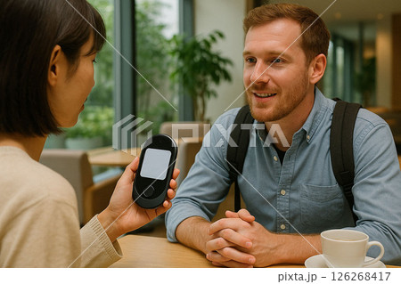 翻訳機を介してカフェで笑顔で会話する男女 翻訳機を介してカフェで笑顔で会話する男女 126268417