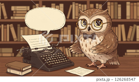 Wise owl with glasses and bow tie at typewriter in library scene for literature concept Wise owl with glasses and bow tie at typewriter in library scene for literature concept 126268547