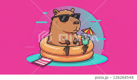 Capybara relaxing in inflatable pool with drink for summer fun and leisure Capybara relaxing in inflatable pool with drink for summer fun and leisure 126268548