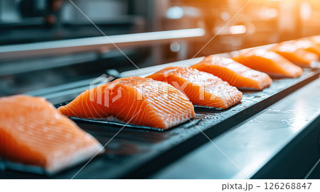 Fresh salmon fillets on production line in modern food processing plant Fresh salmon fillets on production line in modern food processing plant 126268847