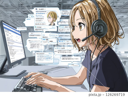 チャット画面を見るサポートデスクの女性社員のイラスト素材 チャット画面を見るサポートデスクの女性社員のイラスト素材 126269719