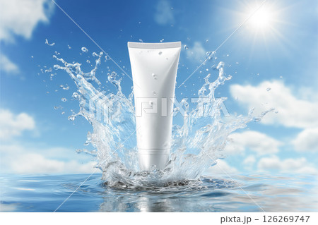 夏の日差しとUVケアに最適な日焼け止め化粧品と水飛沫のイメージ素材 126269747