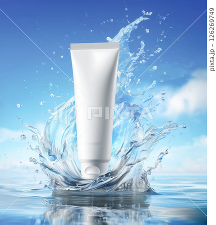 水しぶきと青空に映える化粧品チューブ。美容液や日焼け止めのスキンケア製品の広告に最適なデザイン素材 水しぶきと青空に映える化粧品チューブ。美容液や日焼け止めのスキンケア製品の広告に最適なデザイン素材 126269749