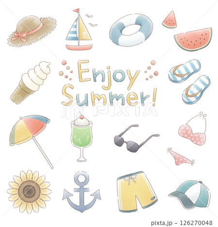 シンプルでナチュラルな夏のアイテムセット:水彩 シンプルでナチュラルな夏のアイテムセット:水彩 126270048