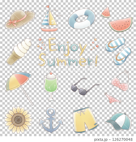 シンプルでナチュラルな夏のアイテムセット:水彩 シンプルでナチュラルな夏のアイテムセット:水彩 126270048