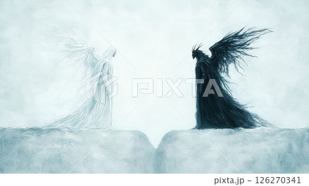 Two angelic figures in white and black stand on opposite cliffs facing each other, symbolizing the eternal struggle between light and darkness 126270341
