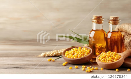 Glass Bottles of Corn Oil Displayed with Fresh Corn Kernels on Wooden Table 126270844