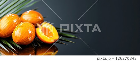 Gleaming Oil Palm Fruit on Reflective Surface with Natural Background 126270845