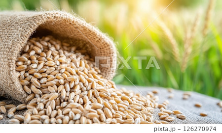 Close up of golden wheat grains being poured into a burlap sack in a rural field 126270974