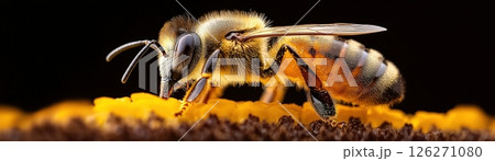 Closeup Portrait of a Buzzing Honey Bee Pollinating in a Garden or Natural Environment Closeup Portrait of a Buzzing Honey Bee Pollinating in a Garden or Natural Environment 126271080