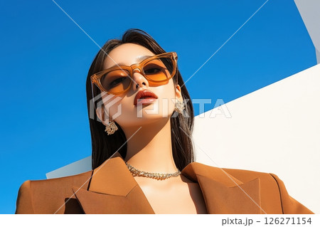 Confident and Captivating Asian Woman in Stylish Sunglasses Posing Outdoors in the City   Elegant Fashion Portrait with Minimalist Urban Backdrop for High End Branding and Marketing 126271154