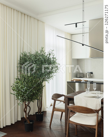 Stylish and Modern Dining Area Featuring an Olive Tree and Beautiful Light Curtains 126271175