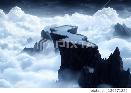 Majestic snow capped peaks pierce through ethereal cloud shrouded skies creating a captivating and mysterious landscape that beckons the viewer to explore the untamed wilderness beyond 126271222