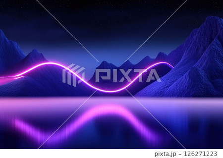 Mesmerizing nighttime landscape with glowing purple and blue mountains reflected in a serene lake surrounded by a starry sky and cosmic patterns  Serene and dreamlike digital art scene 126271223