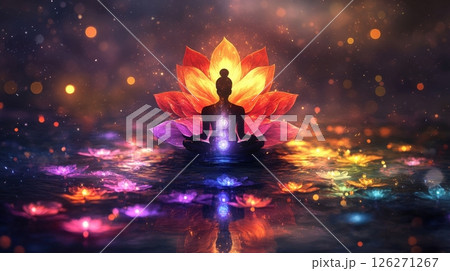 Visualization of Chakras as Blooming Lotus Flowers with Serene Reflection 126271267