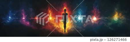 Human Silhouette Floating in Cosmic Space with Chakra Energy Aura 126271466